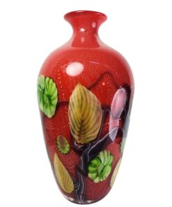 Nagyméretű vintage élénk piros florális díszítésű jelzett tömör üveg TOSO MURANO váza, 1970's
